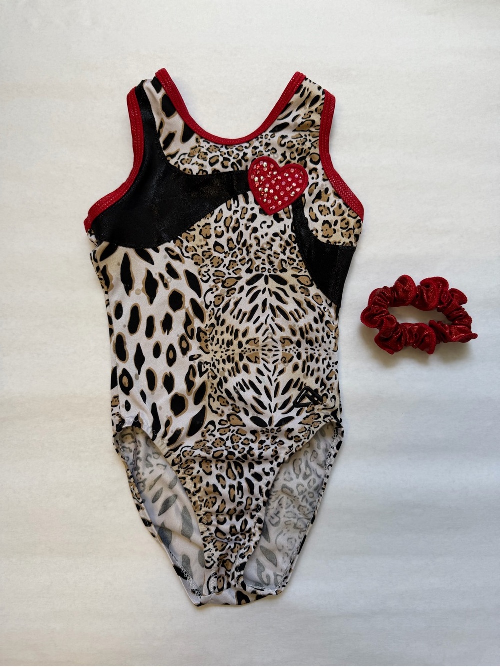 Size 6 / 7 (INT) Kids Alpha Factor Leopard Gymnastics Leotard and Hair Scrunchie